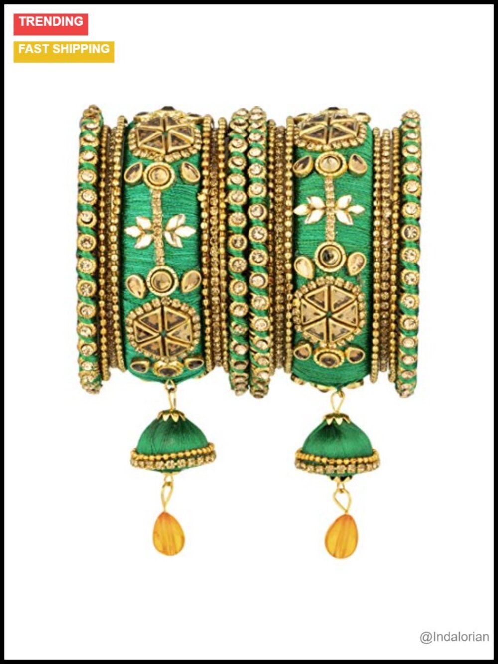 Faux Stone Studded Silk Thread Bangle Chuda Set with Jhumki Tassel Indian